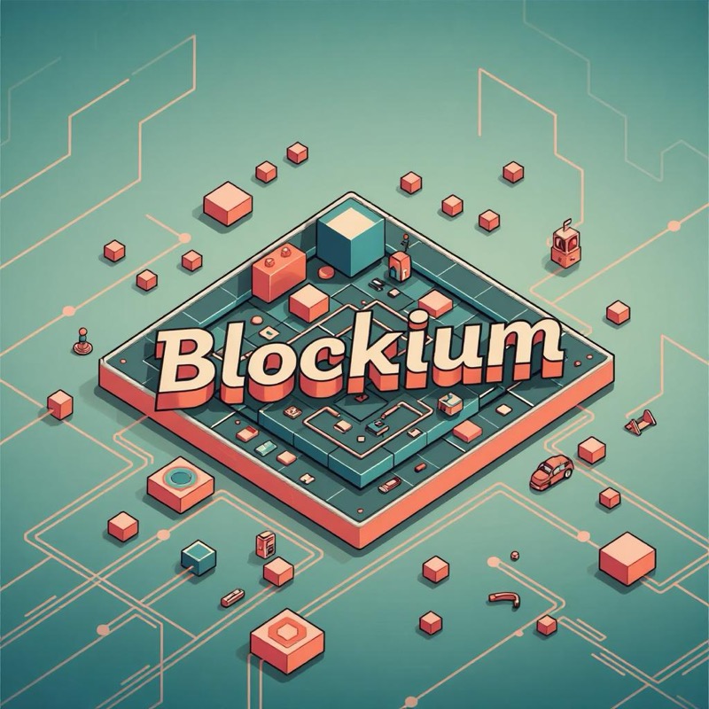 Isometric key art: the Blockium wordmark set into a tilted game board surrounded by floating blocks and circuit lines.