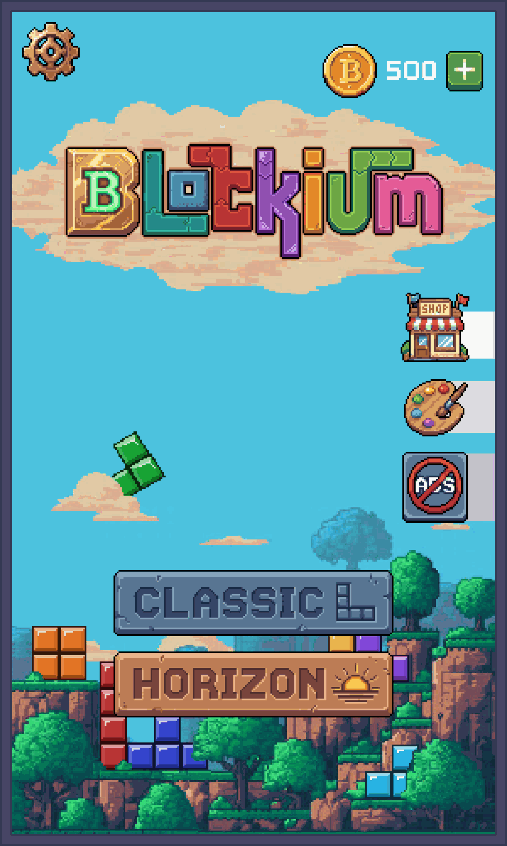 Blockium main menu: pixel-art wordmark over a blue sky, with Classic and Horizon mode buttons above a forest canyon.