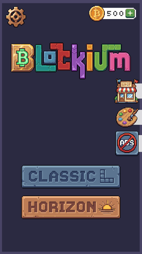 Blockium in-game menu with the pixel wordmark, coin counter, shop, skins and no-ads buttons, and Classic and Horizon mode buttons.