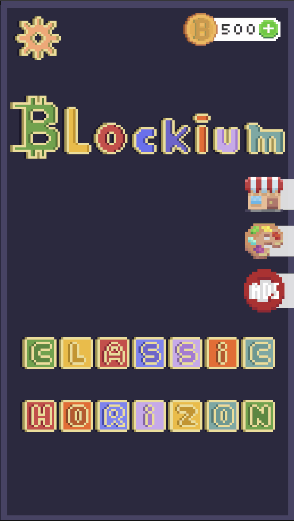 Blockium menu rendered in-engine: the wordmark in mixed pixel colours with Classic and Horizon spelled out in individual block tiles.